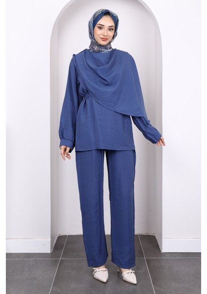 Lacivert Şal Detaylı Tunik Pantolonlu Takım