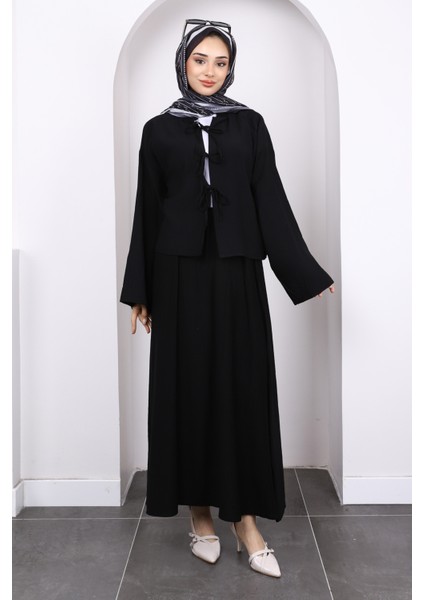 Siyah Önü Bağlamalı Kimono Etekli Takım