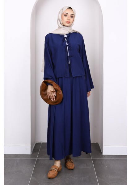 Lacivert Önü Bağlamalı Kimono Etekli Takım
