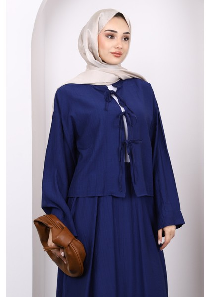 Lacivert Önü Bağlamalı Kimono Etekli Takım modelleri