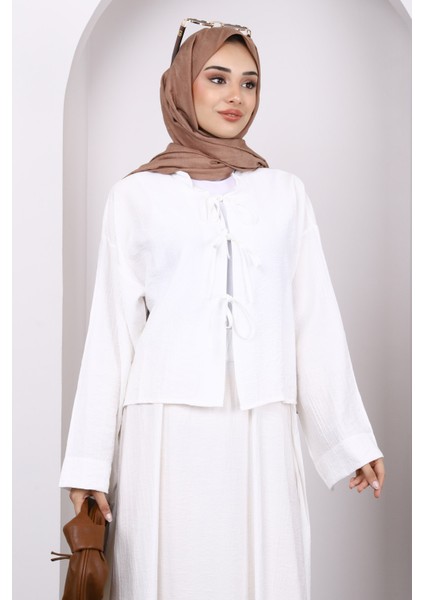Ekru Önü Bağlamalı Kimono Etekli Takım modelleri