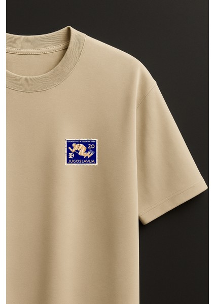 Yugoslavya Posta Pulu Baskılı Unisex %100 Pamuk Oversize Bisiklet Yaka Bej T-Shirt