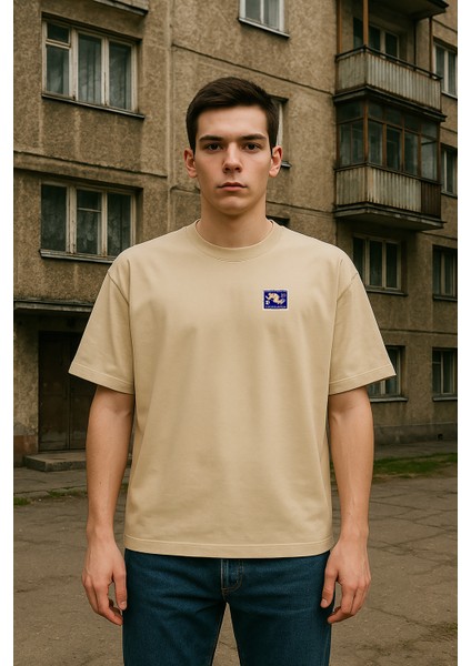 Yugoslavya Posta Pulu Baskılı Unisex %100 Pamuk Oversize Bisiklet Yaka Bej T-Shirt