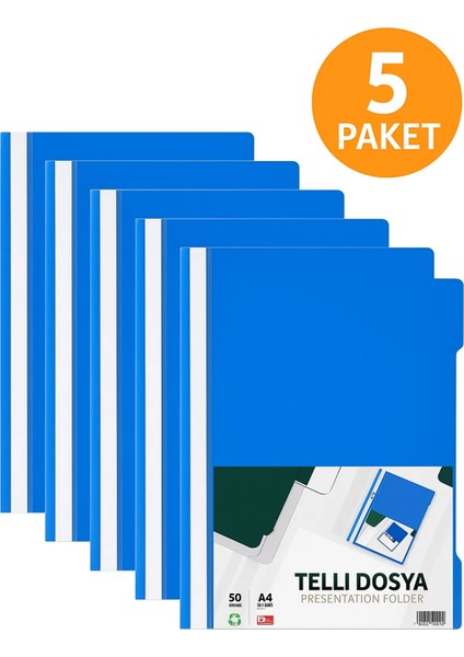 Telli Dosya Mavi A4 – 50'li - 5 Paket Plastik Klasör Delikli