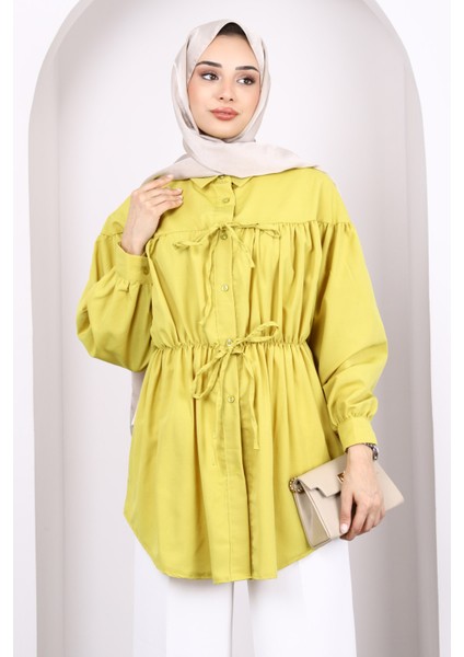 Yağ Yeşili Bel Lastikli Düğmeli Tunik modelleri