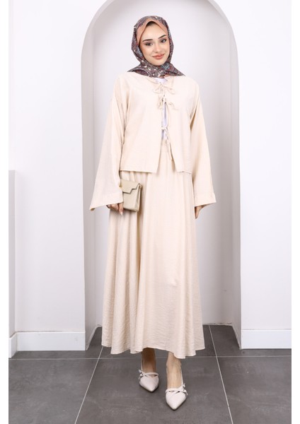 Bej Önü Bağlamalı Kimono Etekli Takım
