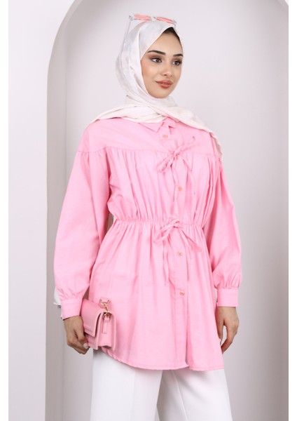Pembe Bel Lastikli Düğmeli Tunik