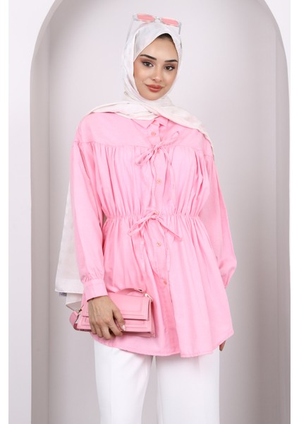 Pembe Bel Lastikli Düğmeli Tunik modelleri