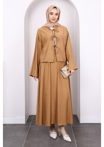 Camel Önü Bağlamalı Kimono Etekli Takım