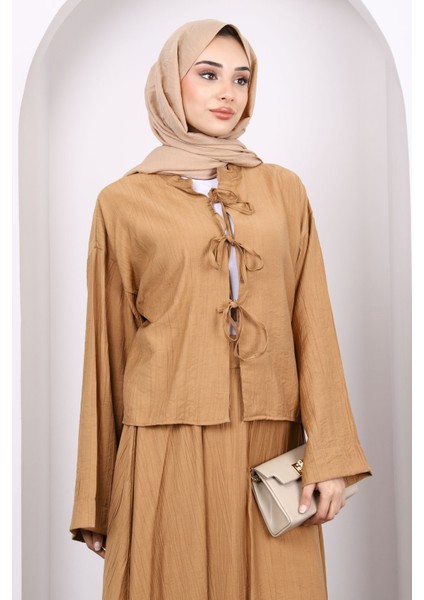Camel Önü Bağlamalı Kimono Etekli Takım modelleri