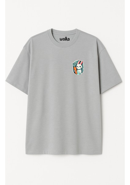 Badge Tavşan Baskılı Unisex %100 Pamuk Oversize Bisiklet Yaka Gri T-Shirt