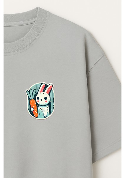 Badge Tavşan Baskılı Unisex %100 Pamuk Oversize Bisiklet Yaka Gri T-Shirt fiyatları