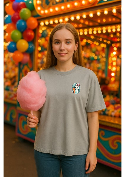 Badge Tavşan Baskılı Unisex %100 Pamuk Oversize Bisiklet Yaka Gri T-Shirt modelleri