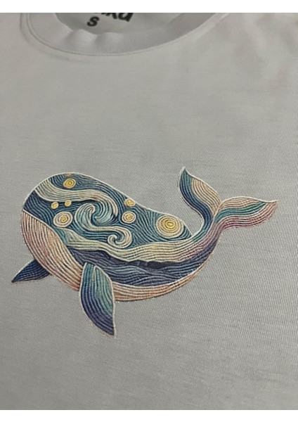 Balina Baskılı Unisex %100 Pamuk Oversize Bisiklet Yaka Gri T-Shirt