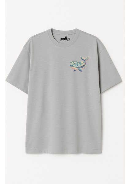 Balina Baskılı Unisex %100 Pamuk Oversize Bisiklet Yaka Gri T-Shirt fiyatları