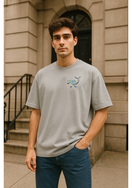 Balina Baskılı Unisex %100 Pamuk Oversize Bisiklet Yaka Gri T-Shirt modelleri
