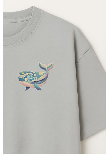 Balina Baskılı Unisex %100 Pamuk Oversize Bisiklet Yaka Gri T-Shirt fırsatları