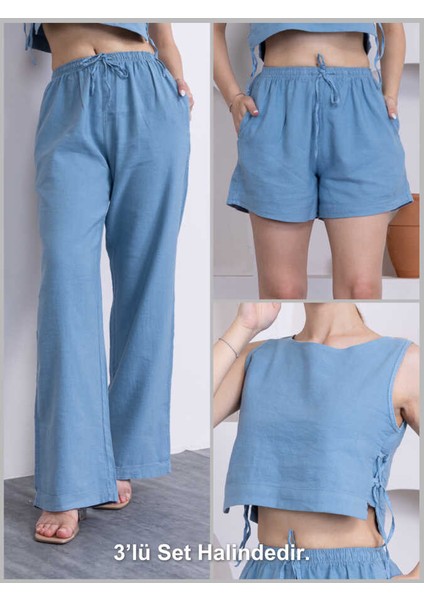 Kadın Mavi Şort Pantolon Bluz 3lü Takım MSC244 fiyatları