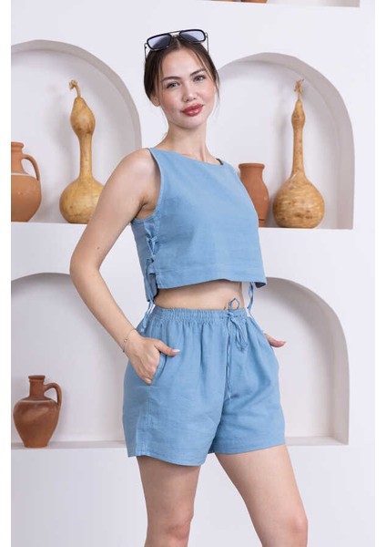 Kadın Mavi Şort Pantolon Bluz 3lü Takım MSC244 fırsatları