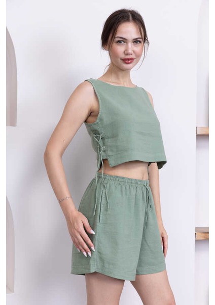 Kadın Haki Yeşil Şort Pantolon Bluz 3lü Takım MSC244