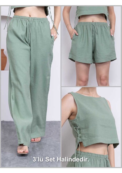 Kadın Haki Yeşil Şort Pantolon Bluz 3lü Takım MSC244 fiyatları