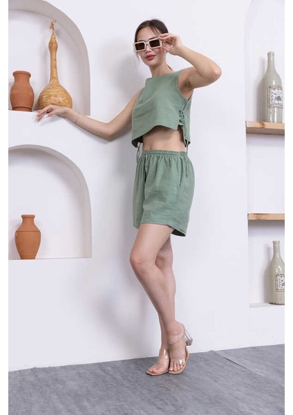 Kadın Haki Yeşil Şort Pantolon Bluz 3lü Takım MSC244 fırsatları