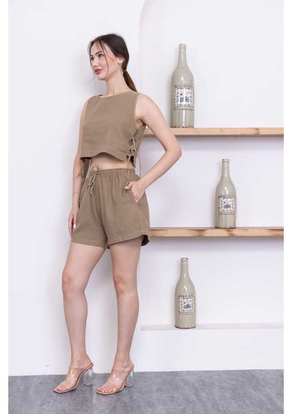 Kadın Kahve Şort Pantolon Bluz 3lü Takım MSC244