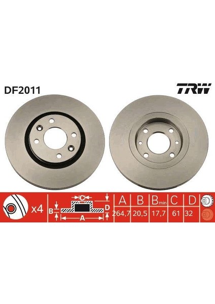 Ön Fren Aynası R21 89 94 2.0ie 2.1 D Turbo 264.5X20.5X4DELİK