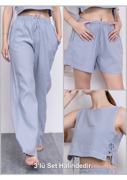 Kadın Gri Şort Pantolon Bluz 3lü Takım MSC244