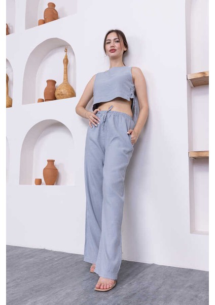 Kadın Gri Şort Pantolon Bluz 3lü Takım MSC244