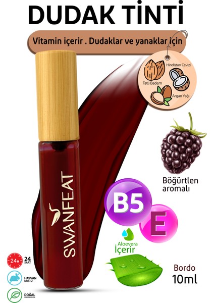 24 Saat Kalıcı Besleyici Vitaminli Nemlendirici Aloe Vera Likit Dudak Tinti Böğürtlen Aromalı Bordo Rengi