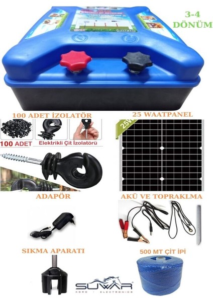 Elektrikli Çit Makinası Domuz Inek Koyun Keçi ve Yabani Hayvan Kovucu (3-4 Dönüm Solar Set)