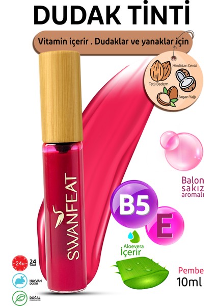 24 Saat Kalıcı Besleyici Vitaminli Nemlendirici Aloe Vera Dudak Tinti Balon Sakız Rengi Pembe