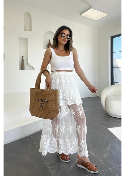 Mini Astsrlı Işlemeli Tül Etek Beyaz