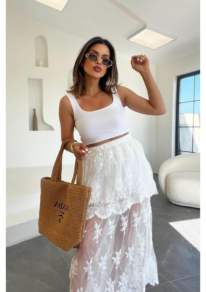 Mini Astsrlı Işlemeli Tül Etek Beyaz fırsatları