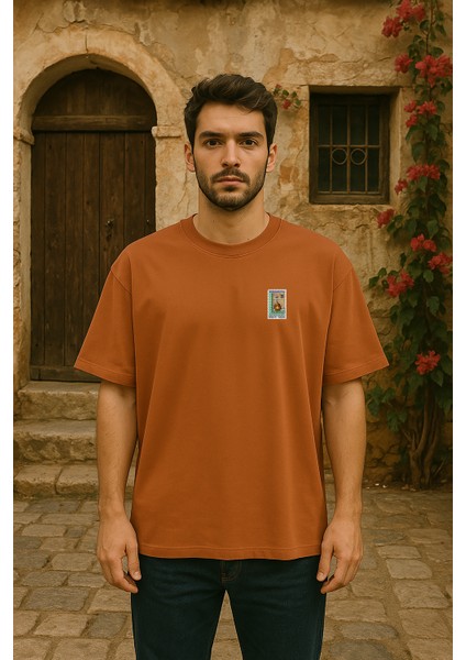 Tunus Posta Pulu Baskılı Unisex %100 Pamuk Oversize Bisiklet Yaka Kahverengi T-Shirt modelleri