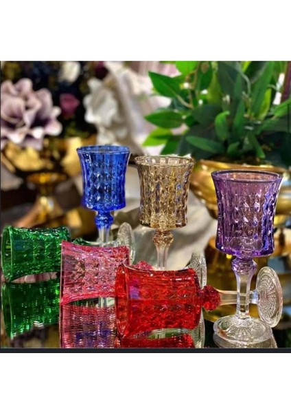 El Işi 6lı Rengarenk Su-Kahve Yanı Bardağı -6 Renkli Kristal Ayaklı Su Bardağı -Kahve Yanı Su Bardak