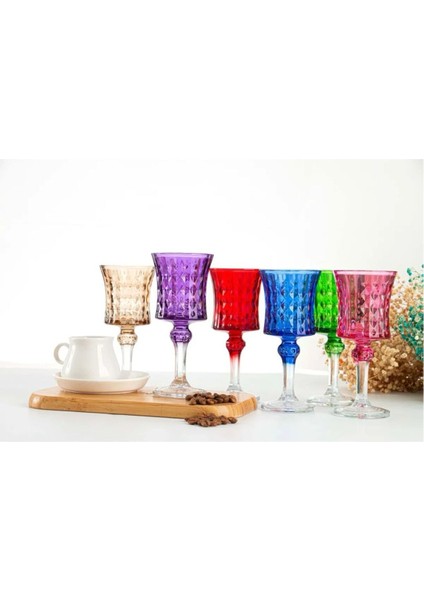 El Işi 6lı Rengarenk Su-Kahve Yanı Bardağı -6 Renkli Kristal Ayaklı Su Bardağı -Kahve Yanı Su Bardak