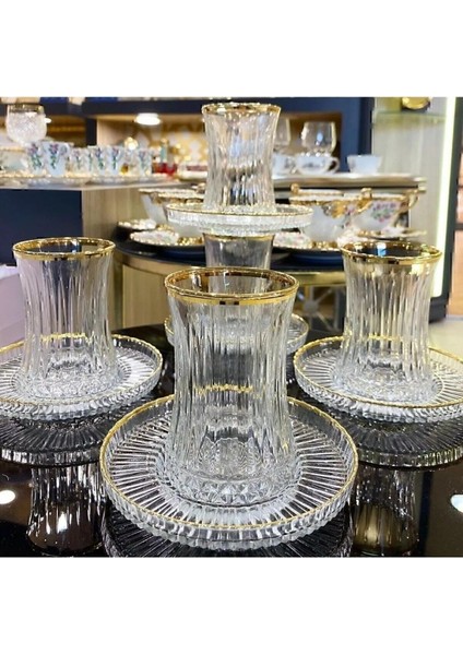 6 Kişilik Çay Seti Elysia Agız Boyalı Yaldızlı Çay Takımı Seti Tabak ( Riva )