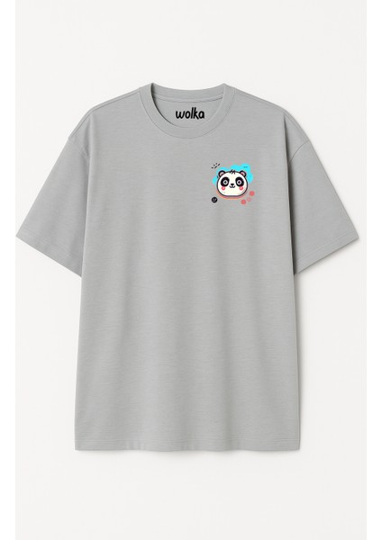 Badge Panda Baskılı Unisex %100 Pamuk Oversize Bisiklet Yaka Gri T-Shirt