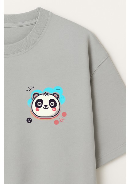 Badge Panda Baskılı Unisex %100 Pamuk Oversize Bisiklet Yaka Gri T-Shirt modelleri