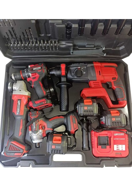 4'lü Profesyonel Şarjlı Set: Akülü Matkap, Spiral, Torklu, 3 Batarya ve Şarj Aleti