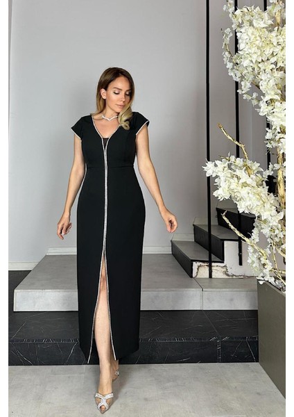 G1401 Taş Detaylı Abiye Elbise Siyah