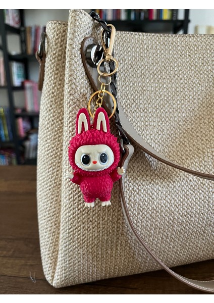 Mini Labubu Anahtarlık Çanta Charm Çanta Süsü Çanta Charmı Figür Fuşya 7.8x4 cm