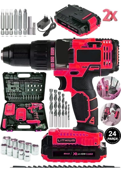 Çift Akülü Darbeli Matkap Seti, 24 Parça, Metal Şanzıman, Yüksek Performans fiyatları