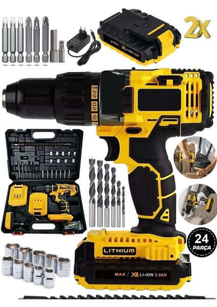 Çift Akülü Darbeli Matkap Seti, 24 Parça, Metal Şanzıman, Yüksek Performans modelleri