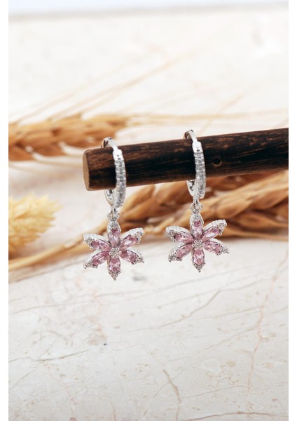 Pembe Taşlı Lotus Çiçeği Rodyumlu Gümüş Halka Küpe 7392