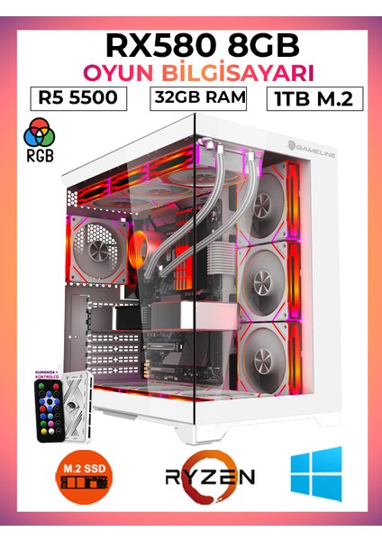 Pro X6 Ryzen 5 5500 32GB Ram 1tb M.2 Nvme SSD RX580 8gb Oyuncu Free Dos Masaüstü Bilgisayar