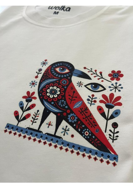 Karga Baskılı Unisex %100 Pamuk Oversize Bisiklet Yaka Beyaz T-Shirt