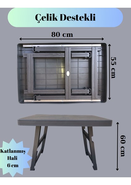 Büyük Boy Çelik Destekli Katlanır Piknik & Kamp & Bahçe Balkon Sehpası 80 x 55 cm Koyu Kahverengi